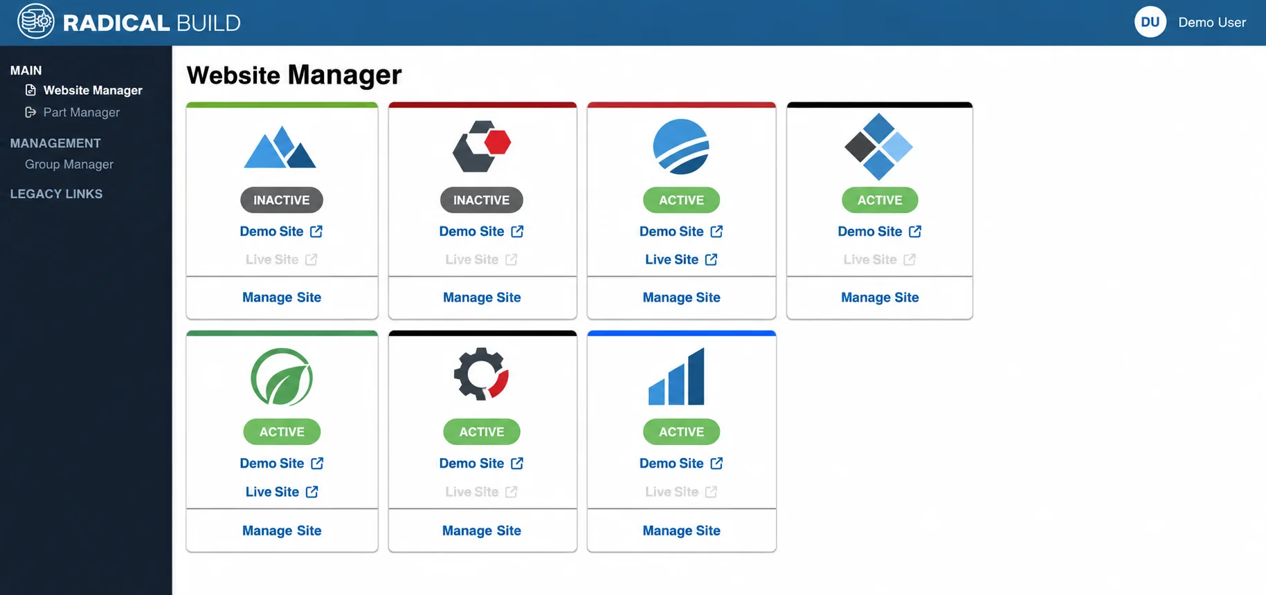 Anonymized Radical Build website manager preview